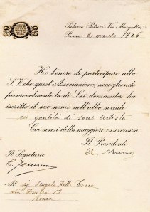 Documento storico firmato dal Presidente dell'Associazione Artistica, 1926. Archivio Angelo Della Torre